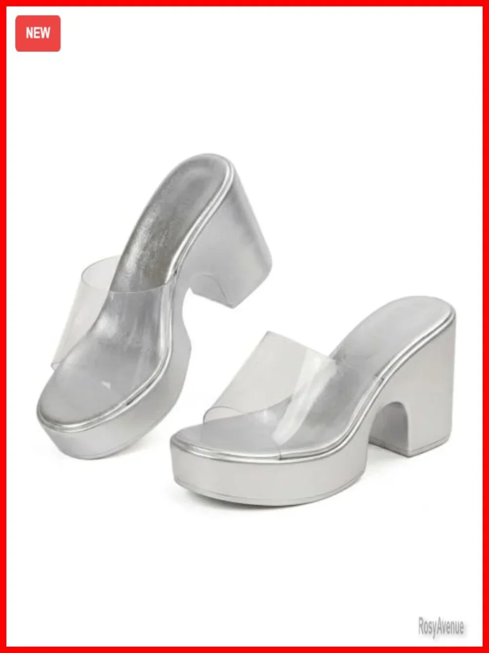 Women's Clear Strap Slide Sandals Chunky Block Heel Slip On Mules